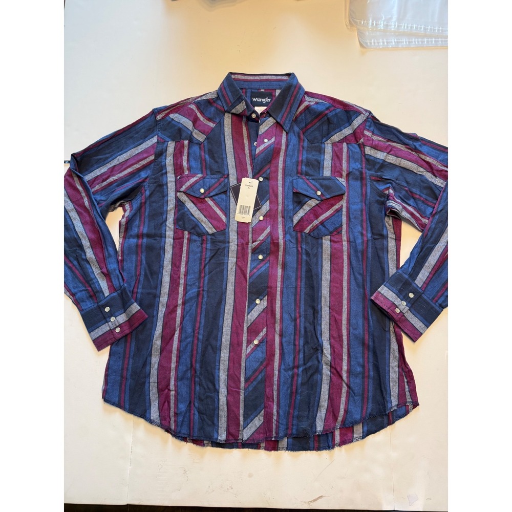 Wrangler Mens Western Snap Flannel Shirt XL Blue Burgundy Striped 75098AS NWT